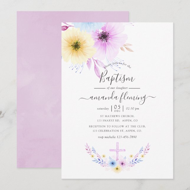 Convite Baptizado Floral Rosa e Azul Pastel (Frente/Verso)