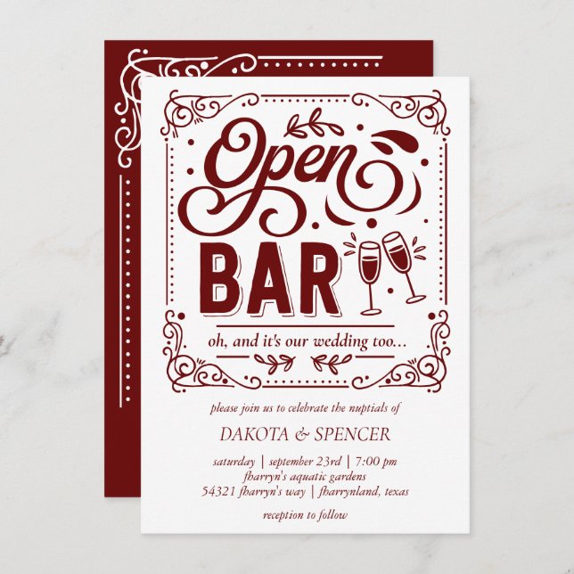 Convite Bar Aberto (e Casamento) | Micro Vermelho e Branco (Frente/Verso)
