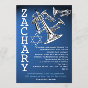 Convite Bar azul escuro Mitzvah da música das trombetas
