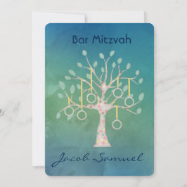 Convite Bar Bat Bnai Tree of Life Mitzvah Watercolor Blue