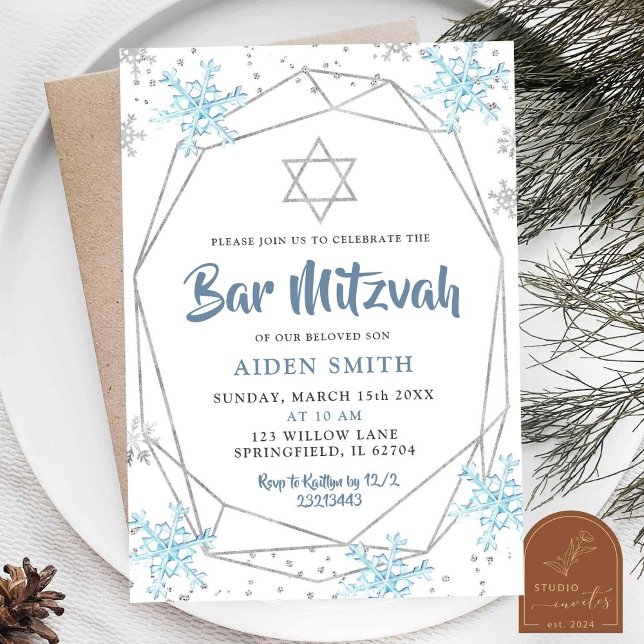 Convite Bar/Bat Mitzvah Azul Floco de Neve de Inverno  (Criador carregado)
