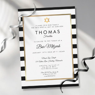 Convite Bar, Bat Mitzvah Clássico Preto Branco Listra Dour