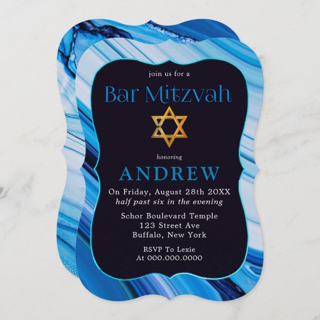 Convite Bar Branco Azul Mitzvah Estrela De David (Frente/Verso)