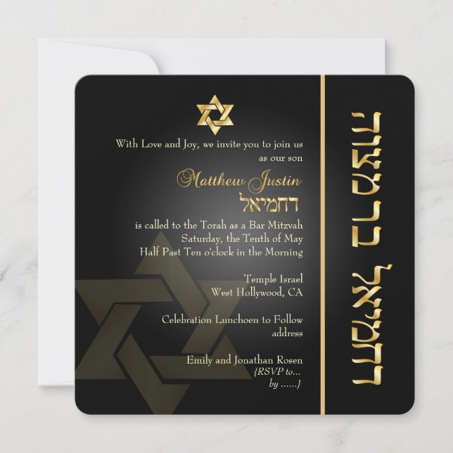 Convite Bar Clássico PixDezines Mitzvah/gold+black (Frente)