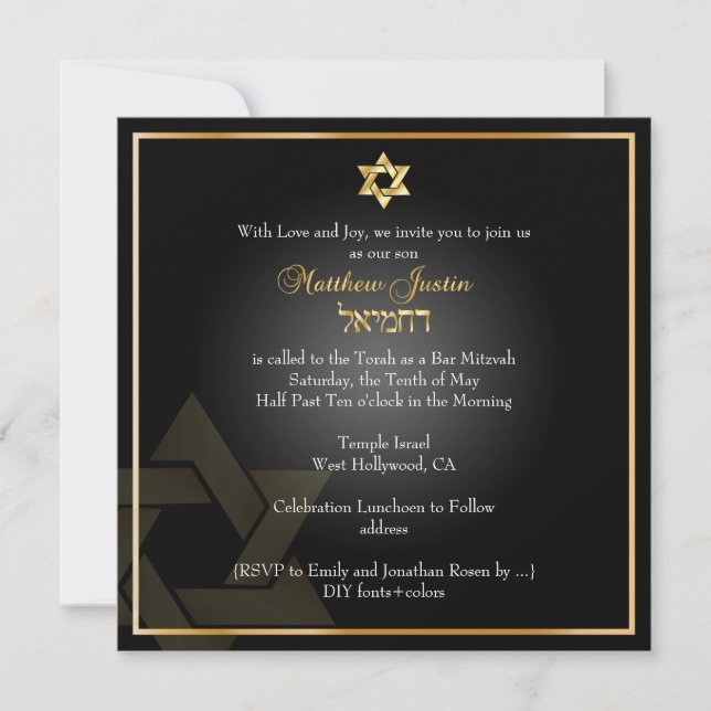 Convite Bar Clássico PixDezines Mitzvah/gold+black (Frente)