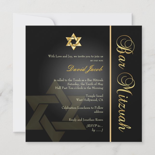 Convite Bar Clássico PixDezines Mitzvah/gold+black (Frente)