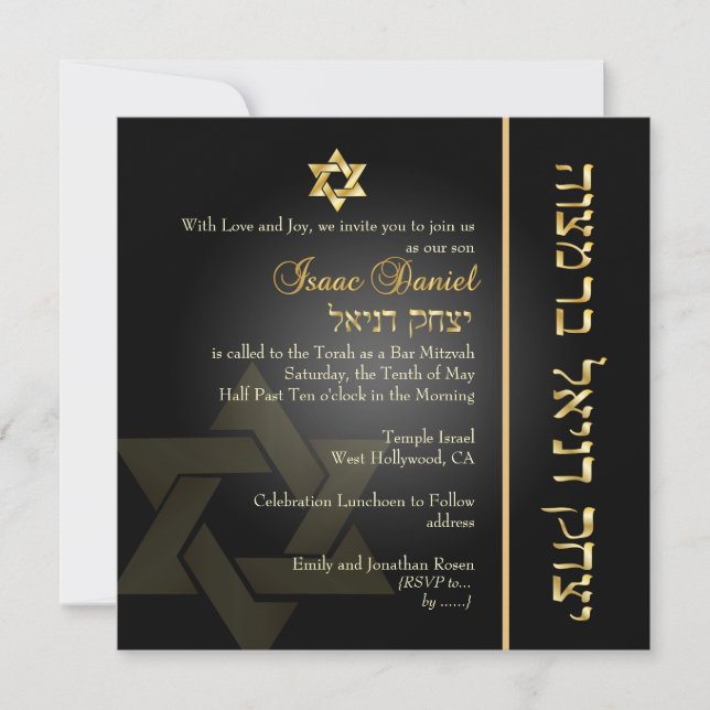Convite Bar Clássico PixDezines Mitzvah/gold+black (Frente)
