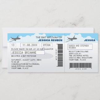 Convite Bar de Bilhete de Avião Bat Mitzvah