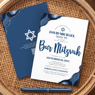 Convite Bar de código QR Mitzvah Marinho Blue Agate Script