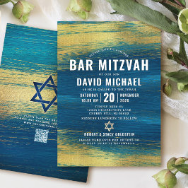 Convite Bar de Código QR Mitzvah Turquoise Gold Foil Moder