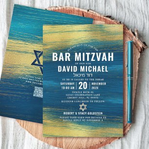 Convite Bar de Código QR Mitzvah Turquoise Gold Folha Tipo