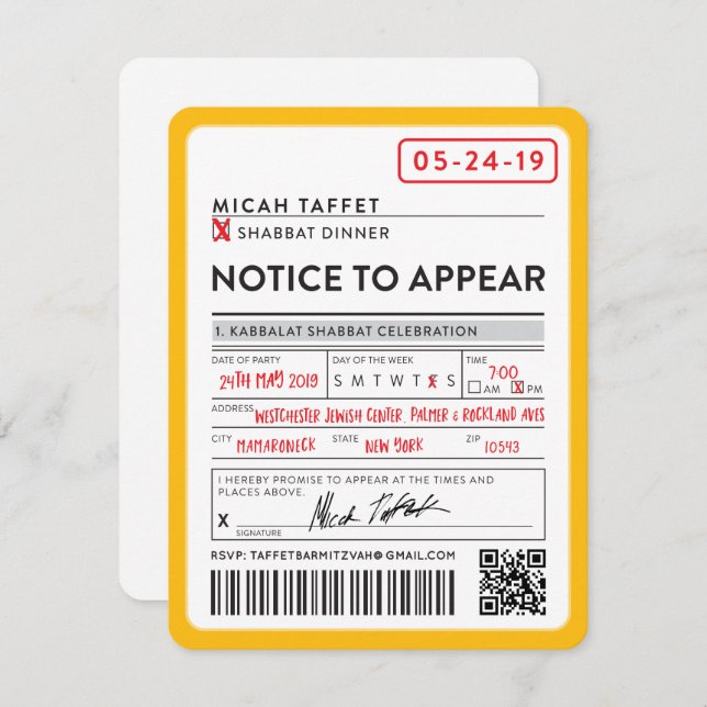 Convite BAR DE DESIGN PERSONALIZADO Mitzvah New York Ticke (Frente/Verso)