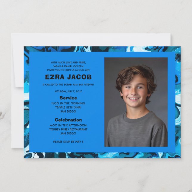 Convite Bar de FOTO Personalizada do Marble Azul Bat Mitzv (Frente)