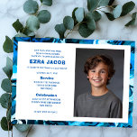 Convite Bar de FOTO Personalizada do Marble Azul Bat Mitzv<br><div class="desc">Cartão perfeito para anunciar um morcego mitzvah, bar mitzvah ou outra celebração judaica! Mão fez abstrato de arte para você na frente e atrás! TOTALMENTE PERSONALIZÁVEL! Clique em "Personalizar" acima para editar o texto e adicionar sua própria foto. Clique em "editar usando a ferramenta design" para ajustar as fontes, as...</div>