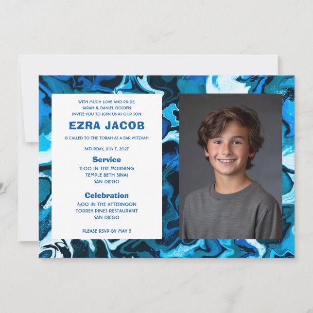 Convite Bar de FOTO Personalizada do Marble Azul Bat Mitzv (Frente)