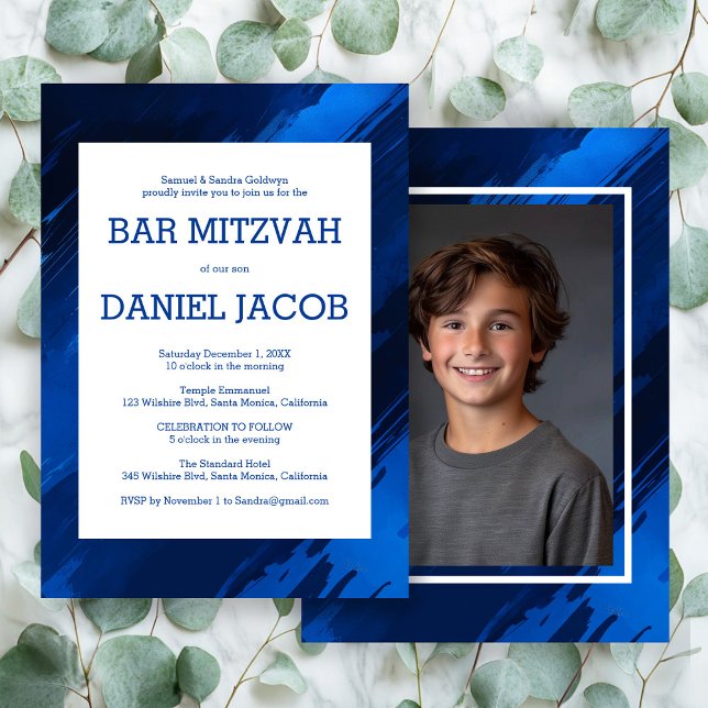Convite Bar de Fotografia Personalizada de Traços Azuis BA (Blue Brushstrokes Custom Photo BAR BAT MITZVAH Invitation
)