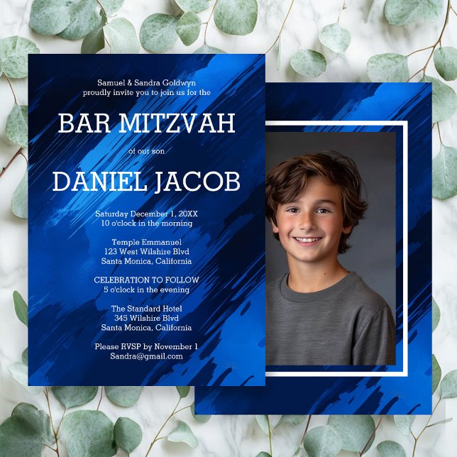 Convite Bar de Fotografia Personalizada de Traços Azuis BA (Blue Brushstrokes Custom Photo BAR BAT MITZVAH Invitation
)