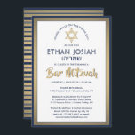 Convite Bar de nome hebraico Mitzvah Elegante Dourado Bran<br><div class="desc">Convide familiares e amigos para uma elegante cerimônia de mitzvah bar e celebração com este moderno convite à folha de ouro azul, branco e falso marinho. Todo texto é simples de personalizar, portanto pode incluir qualquer texto sobre o serviço, leitura de Torah e festa. Design apresenta os nomes hebraico e...</div>