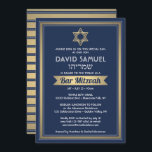 Convite Bar de nome hebraico Mitzvah Marinho azul branco e<br><div class="desc">Convide a família e os amigos para uma elegante cerimônia de mitzvah bar e comemoração para ele com este marinho de convite azul, branco e folha de ouro falso. Todo texto é simples de personalizar, portanto pode incluir qualquer texto sobre o serviço, leitura de Torah e festa. Design apresenta os...</div>