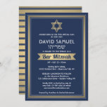 Convite Bar de nome hebraico Mitzvah Marinho azul branco e<br><div class="desc">Convide a família e os amigos para uma elegante cerimônia de mitzvah bar e comemoração para ele com este marinho de convite azul, branco e folha de ouro falso. Todo texto é simples de personalizar, portanto pode incluir qualquer texto sobre o serviço, leitura de Torah e festa. Design apresenta os...</div>