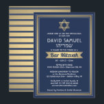 Convite Bar de nome hebraico Mitzvah Marinho azul branco e<br><div class="desc">Convide a família e os amigos para uma elegante cerimônia de mitzvah bar e comemoração para ele com este marinho de convite azul, branco e folha de ouro falso. Todo texto é simples de personalizar, portanto pode incluir qualquer texto sobre o serviço, leitura de Torah e festa. Design apresenta os...</div>