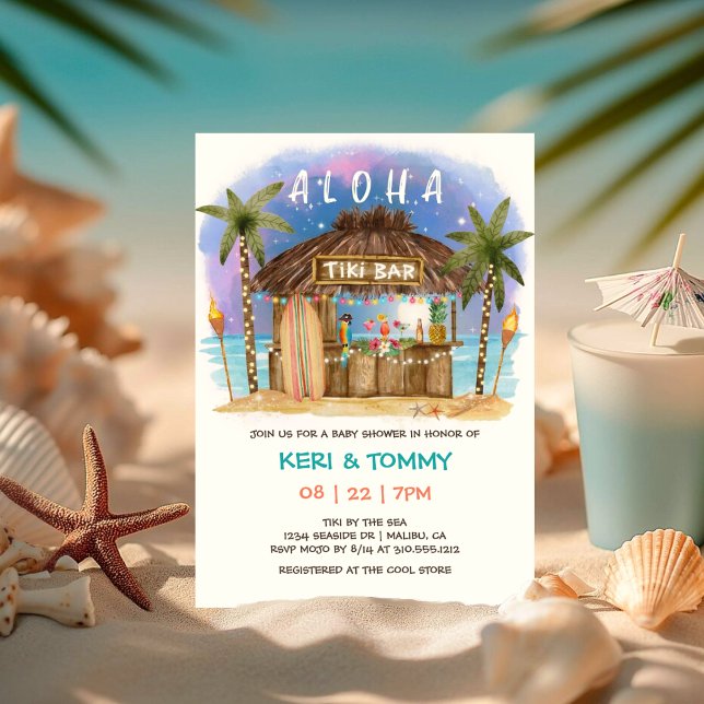 Convite Bar de praia de Tiki | Chá de fraldas do mar tropi (Criador carregado)