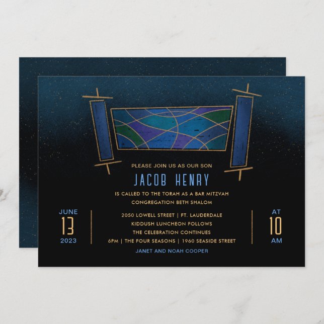 Convite Bar de rolagem de Torá Azul-Mosaico Azul/Bat Mitzv (Frente/Verso)