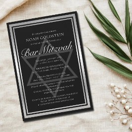 Convite Bar Formal Preto de Prata Elegante Mitzvah