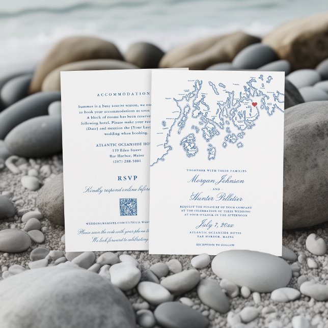 Convite Bar Harbour Maine All-in-One QR code RSVP Wedding (Bar Harbor Maine all in one QR code invitation from Penobscot Bay Shop.)