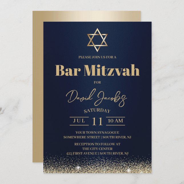 Convite Bar judeu Mitzvah Marinho moderno azul e Dourado (Frente/Verso)