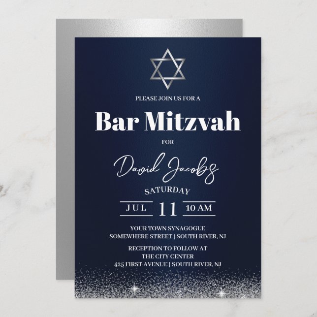 Convite Bar judeu Mitzvah Star de David Modern Marinho Azu (Frente/Verso)