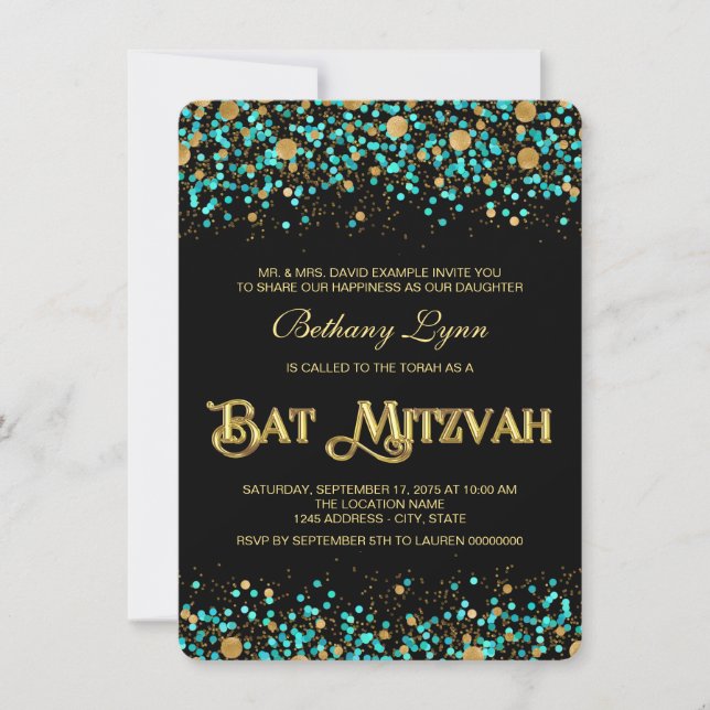 Convite Bar Mitsvá Azul Turquesa e Dourado (Frente)