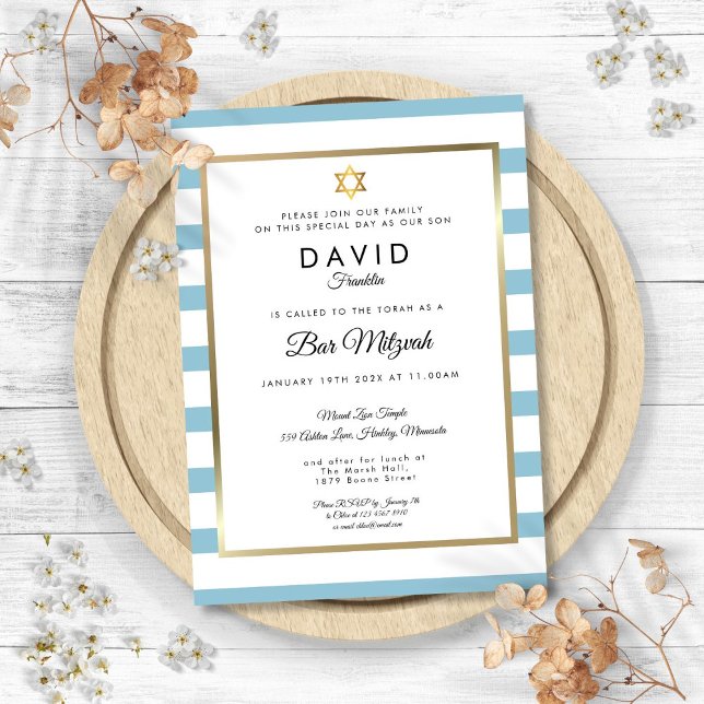 Convite Bar Mitzvah Azul Branco Clássico com Listra Dourad (Bar Mitzvah Classic Blue White Stripe Gold Invitation)