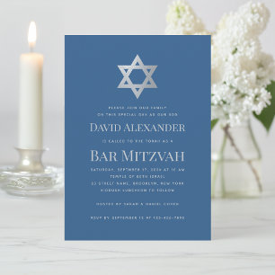 Convite Bar Mitzvah Azul Clássico Falso Estrela de Davi Pr