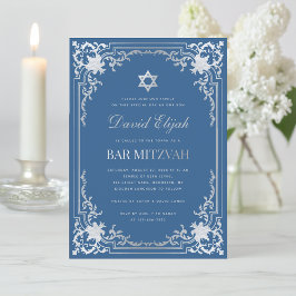 Convite Bar Mitzvah Azul Clássico Falso Estrela Prata Vint