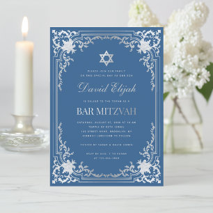 Convite Bar Mitzvah Azul Clássico Falso Estrela Prata Vint