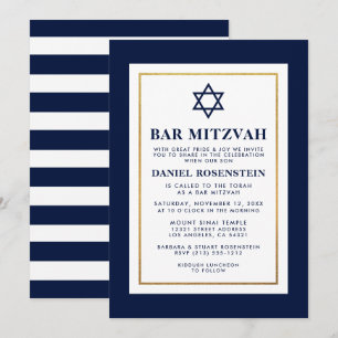 Convite Bar Mitzvah Azul e Branco com risca Dourada