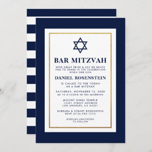 Convite Bar Mitzvah Azul e Branco Riscado Dourado