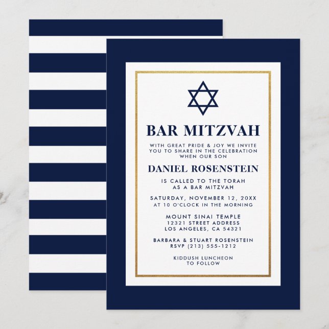 Convite Bar Mitzvah Azul e Branco Riscado Dourado (Frente/Verso)
