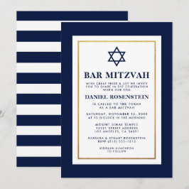 Convite Bar Mitzvah Azul e Branco Riscado Dourado