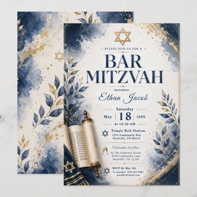 Convite Bar Mitzvah Azul e Dourado (Frente/Verso)