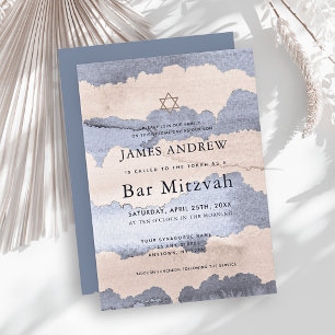 Convite Bar Mitzvah Azul Empoeirado e Bege Aquarela