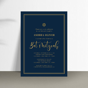 Convite Bar Mitzvah Azul Marinho & Dourado com Moldura Dup