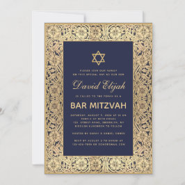 Convite Bar Mitzvah Azul Marinho Elegante Rosas Douradas V