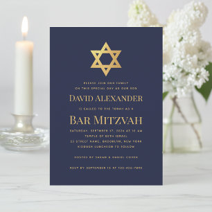 Convite Bar Mitzvah Azul-Marinho Estrela de Davi Folha Dou