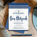Convite Bar Mitzvah Azul-Marinho Script Simples Moderno Ta<br><div class="desc">Sinta-se orgulhoso, regozije e mostre este marco do seu Bar Mitzvah favorito! Envie este convite legal, único, moderno e personalizado para um evento inesquecível. Tipografia em negrito e azul-marinho, Estrela de Davi e um gráfico inspirado no tallit listrado em azul-marinho e brilho prateado sobre um fundo branco simples. Personalize o...</div>