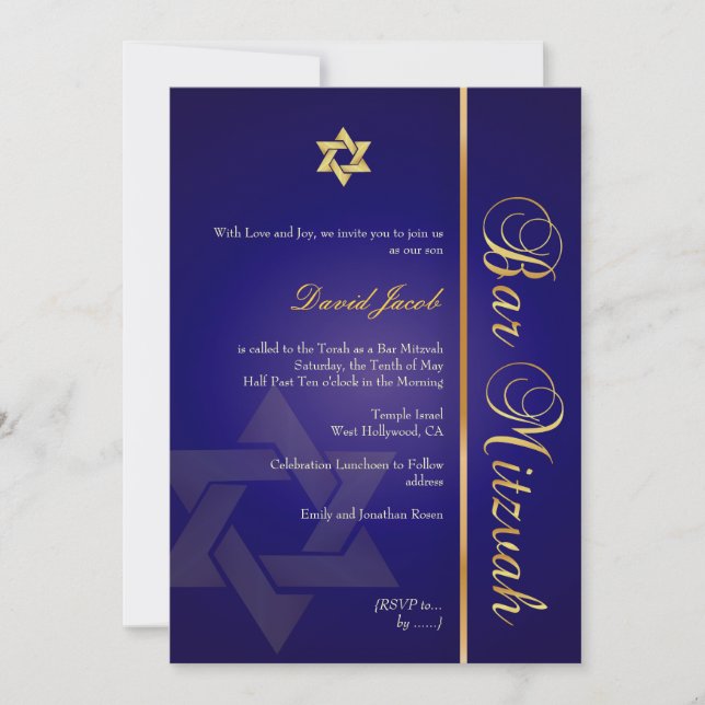 Convite Bar Mitzvah/azul real/ouro (Frente)