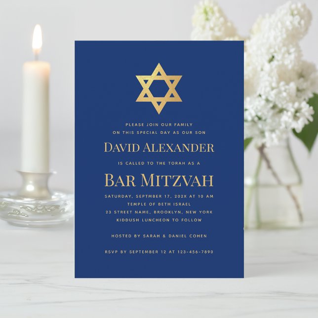 Convite Bar Mitzvah Azul Real Ouro Estrela de Davi Simples (Criador carregado)