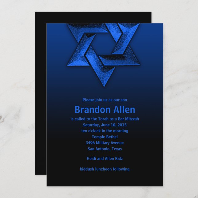 Convite Bar Mitzvah Black and Blue Star (Frente/Verso)