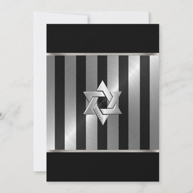 Convite Bar Mitzvah Black and Silver Stripe Star de David (Frente)
